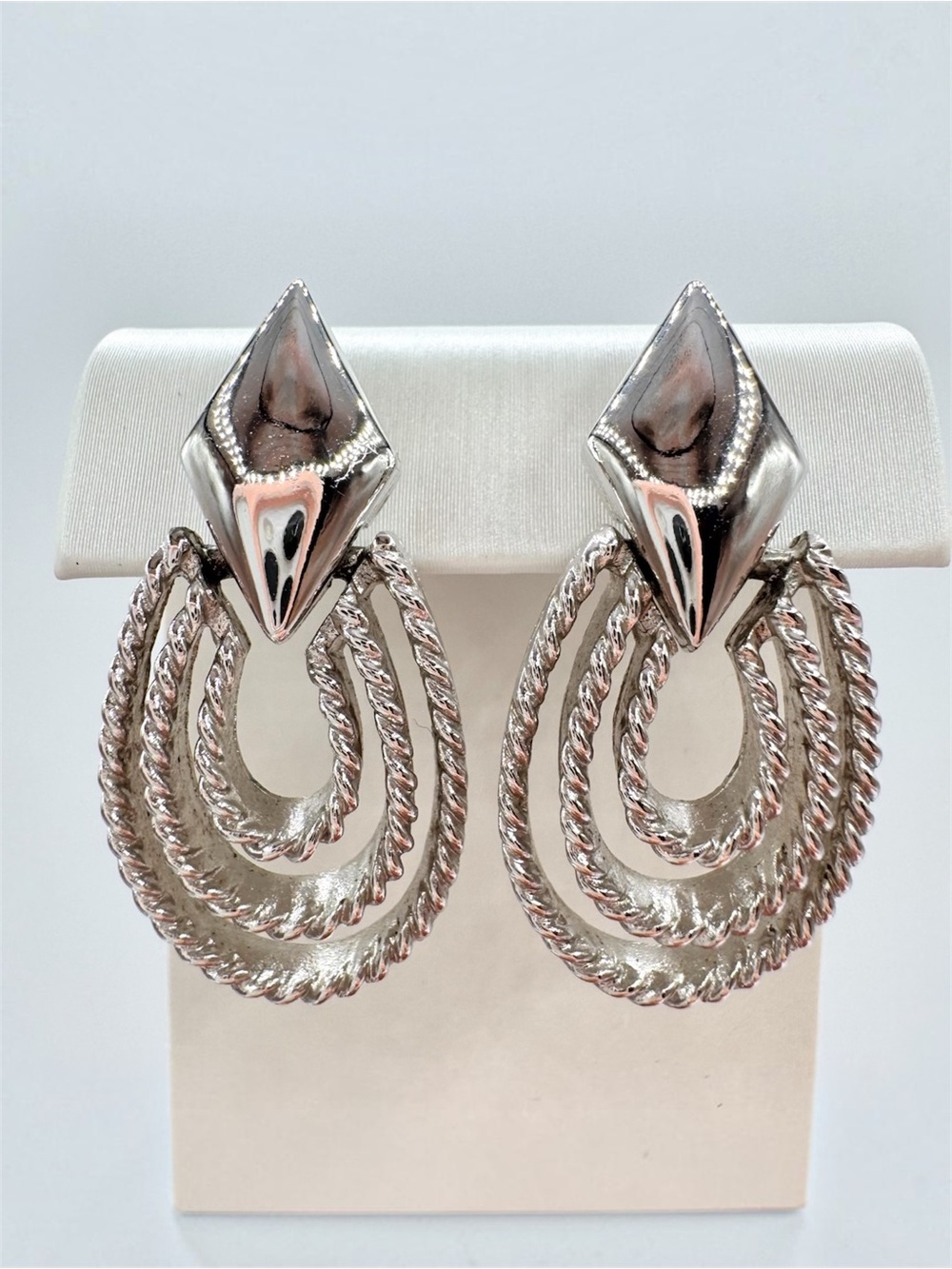 Vintage Monet Rope Door Knocker Earrings Silver Tone Signed 80s 90s Chic